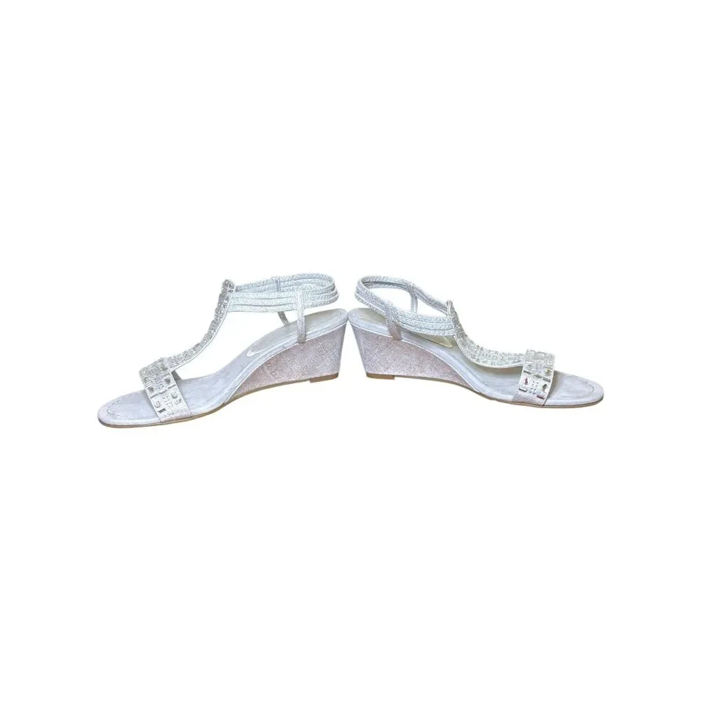 New York Transit Friend Ship Rhinestone T-Strap Wedge Sandals Silver Size 8.5